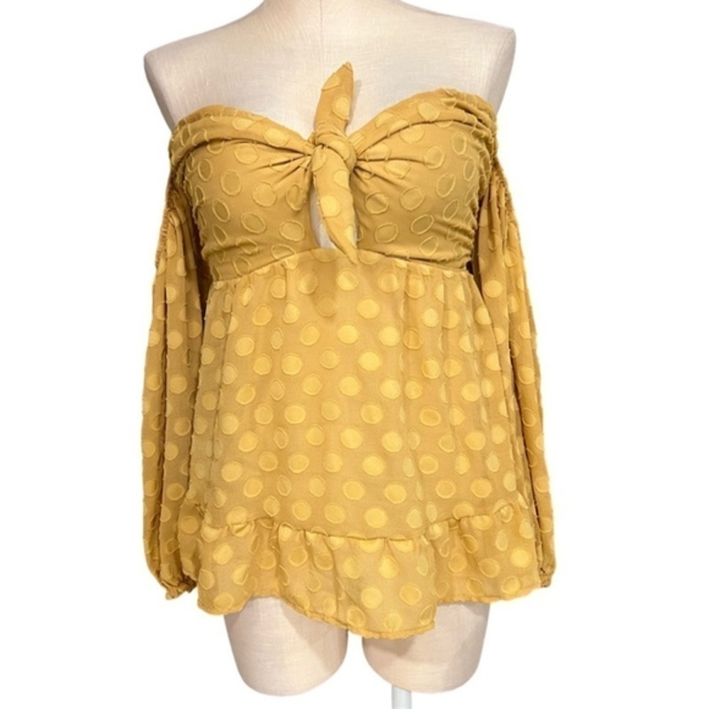 SHOW ME YOUR MUMU honey mustard polka dot pattern flouncy off shoulder blouse